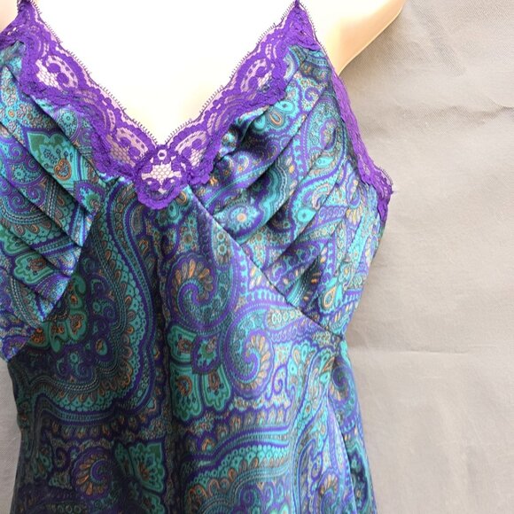 Victoria’s Secret Gold Label Green Blue Paisley Satin Chemise Slip Gown S Sleep - Picture 3 of 4
